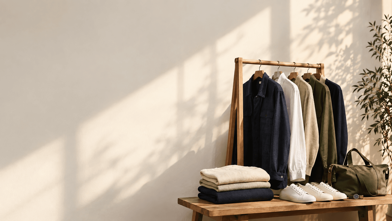 A wooden rack of navy, white, beige and olive shirts above folded knits and white sneakers